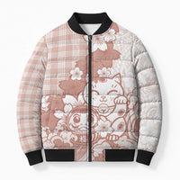 Beige Palaka Hawaiian And Japanese Bomber Puffer Jacket Maneki Neko And Sakura Bloom