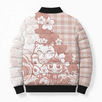 Beige Palaka Hawaiian And Japanese Bomber Puffer Jacket Maneki Neko And Sakura Bloom