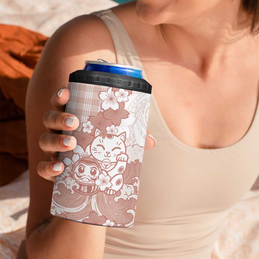 Beige Palaka Hawaiian And Japanese 4 in 1 Can Cooler Tumbler Maneki Neko And Sakura Bloom