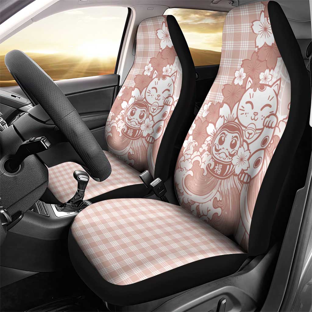 Beige Palaka Hawaiian And Japanese Car Seat Cover Maneki Neko And Sakura Bloom