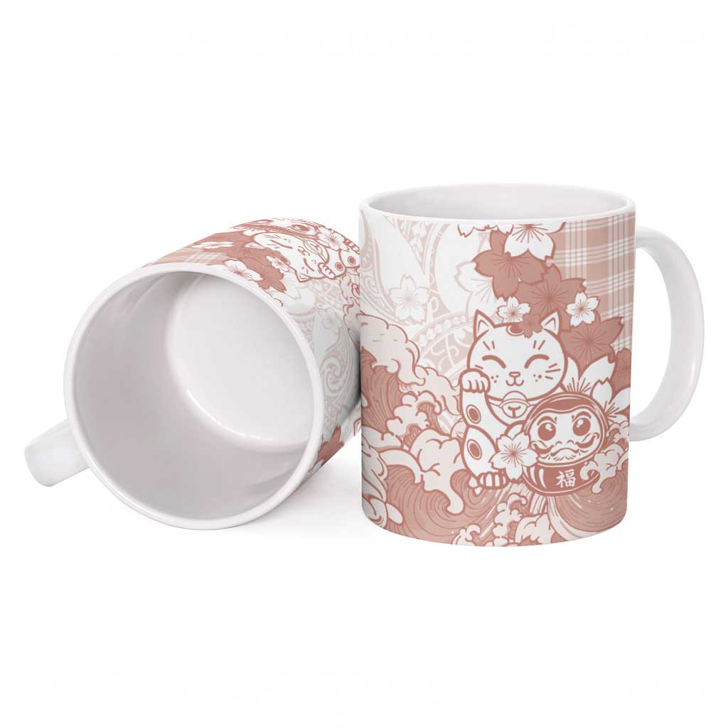 Beige Palaka Hawaiian And Japanese Ceramic Mug Maneki Neko And Sakura Bloom