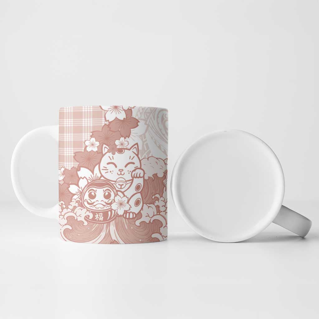 Beige Palaka Hawaiian And Japanese Ceramic Mug Maneki Neko And Sakura Bloom