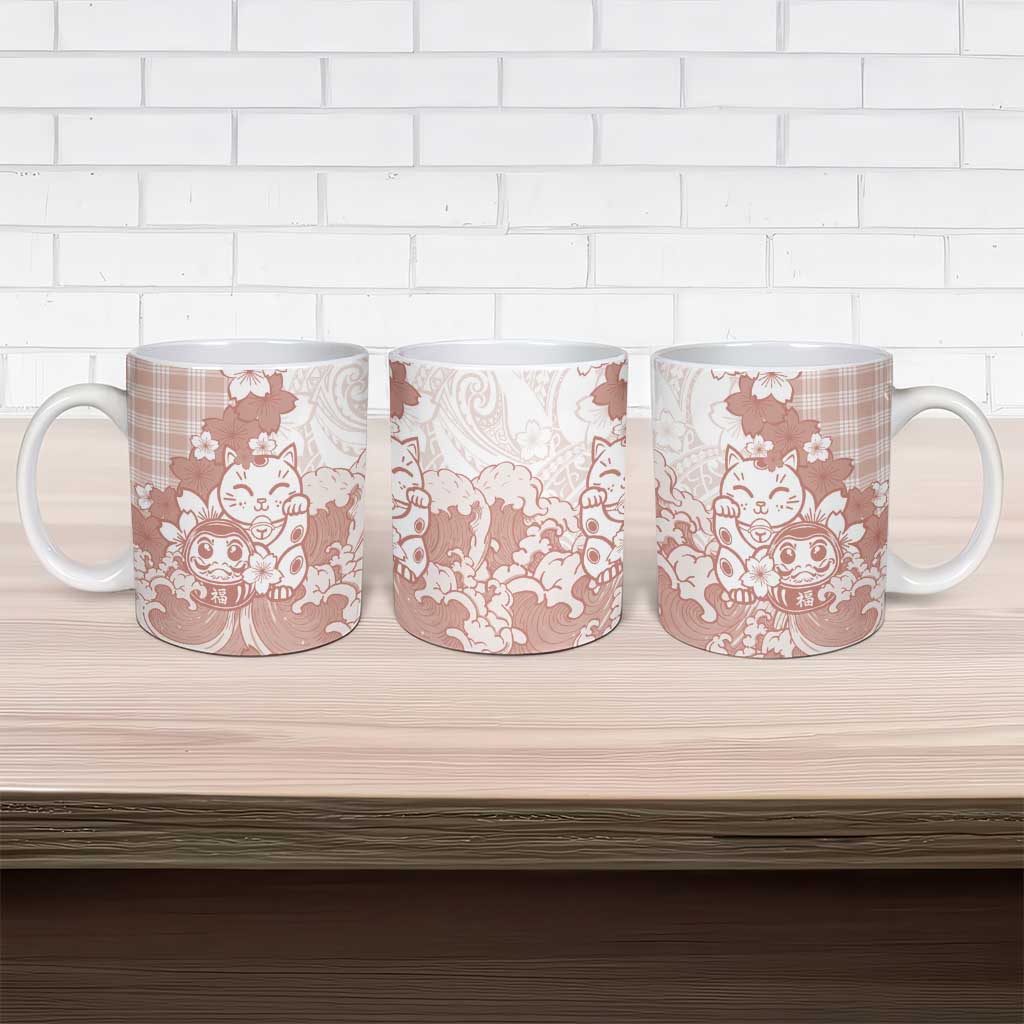 Beige Palaka Hawaiian And Japanese Ceramic Mug Maneki Neko And Sakura Bloom