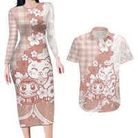 Beige Palaka Hawaiian And Japanese Couples Matching Long Sleeve Bodycon Dress and Hawaiian Shirt Maneki Neko And Sakura Bloom DT05 Beige - Polynesian Pride