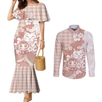 Beige Palaka Hawaiian And Japanese Couples Matching Mermaid Dress and Long Sleeve Button Shirt Maneki Neko And Sakura Bloom