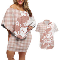 Beige Palaka Hawaiian And Japanese Couples Matching Off Shoulder Short Dress and Hawaiian Shirt Maneki Neko And Sakura Bloom