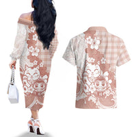 Beige Palaka Hawaiian And Japanese Couples Matching Off The Shoulder Long Sleeve Dress and Hawaiian Shirt Maneki Neko And Sakura Bloom DT05 - Polynesian Pride