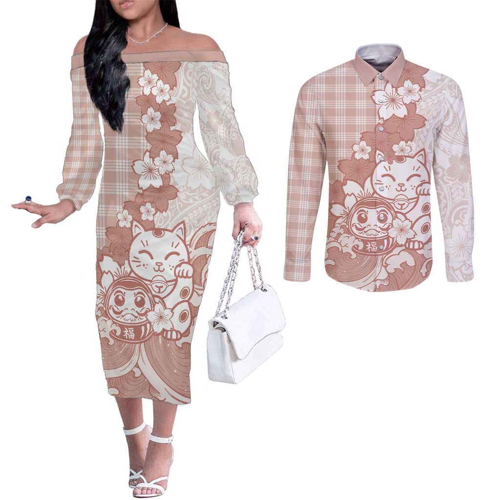 Beige Palaka Hawaiian And Japanese Couples Matching Off The Shoulder Long Sleeve Dress and Long Sleeve Button Shirt Maneki Neko And Sakura Bloom