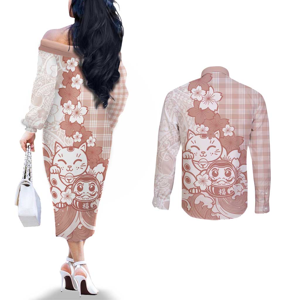 Beige Palaka Hawaiian And Japanese Couples Matching Off The Shoulder Long Sleeve Dress and Long Sleeve Button Shirt Maneki Neko And Sakura Bloom