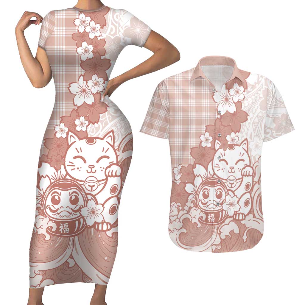 Beige Palaka Hawaiian And Japanese Couples Matching Short Sleeve Bodycon Dress and Hawaiian Shirt Maneki Neko And Sakura Bloom DT05 Beige - Polynesian Pride