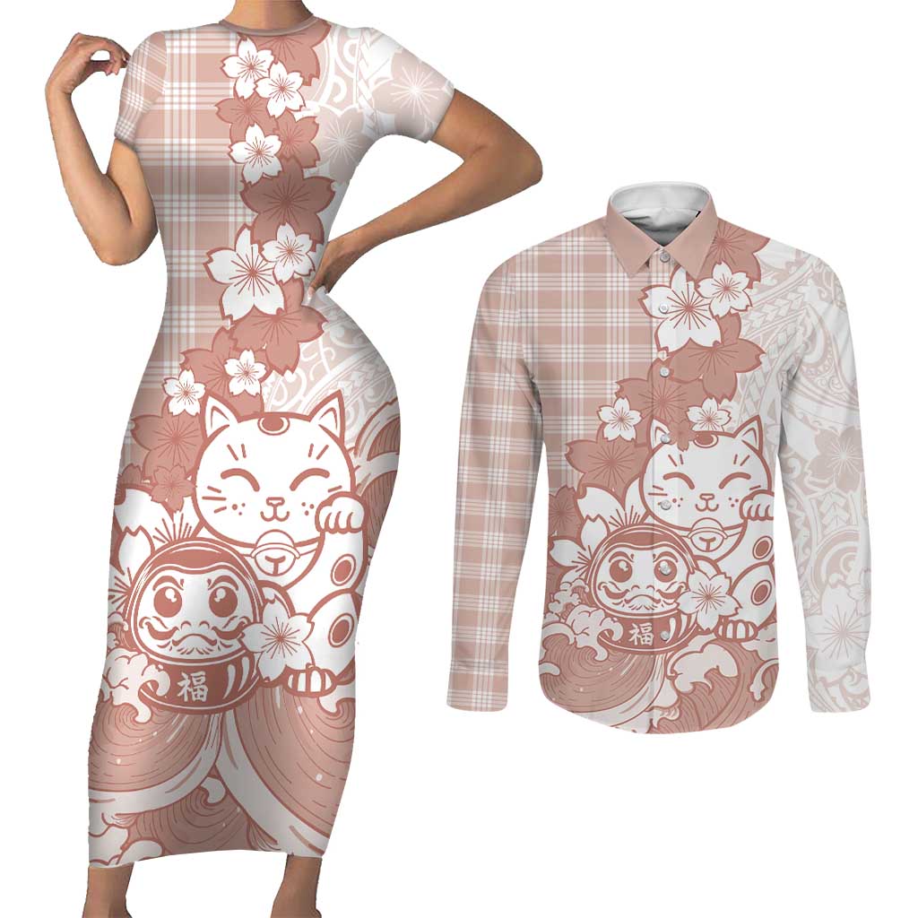 Beige Palaka Hawaiian And Japanese Couples Matching Short Sleeve Bodycon Dress and Long Sleeve Button Shirt Maneki Neko And Sakura Bloom