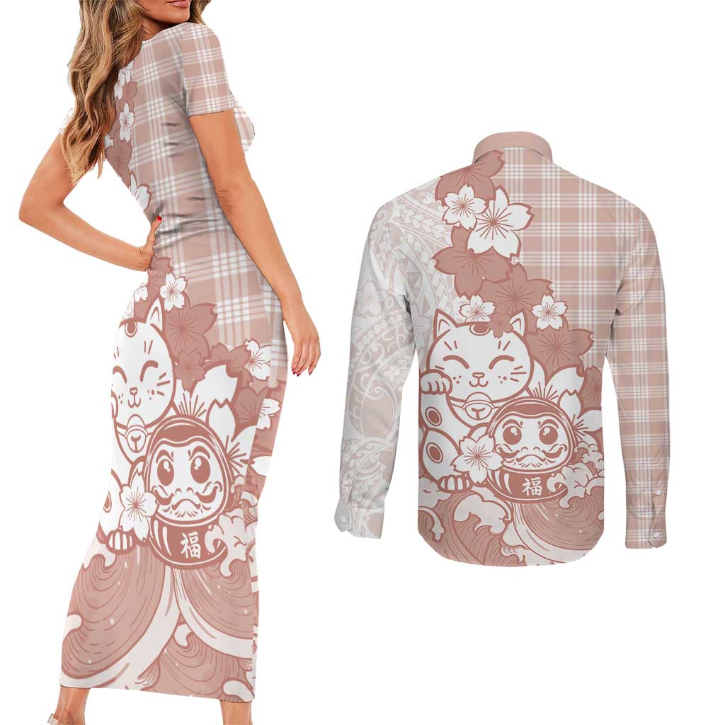 Beige Palaka Hawaiian And Japanese Couples Matching Short Sleeve Bodycon Dress and Long Sleeve Button Shirt Maneki Neko And Sakura Bloom