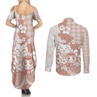 Beige Palaka Hawaiian And Japanese Couples Matching Summer Maxi Dress and Long Sleeve Button Shirt Maneki Neko And Sakura Bloom