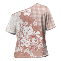Beige Palaka Hawaiian And Japanese Cross Shoulder Shirt Maneki Neko And Sakura Bloom