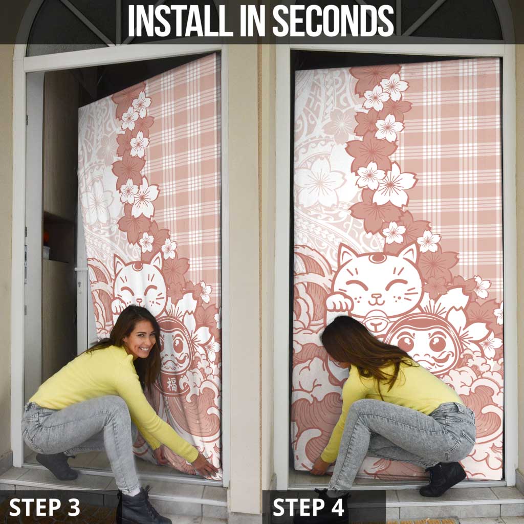Beige Palaka Hawaiian And Japanese Door Cover Maneki Neko And Sakura Bloom