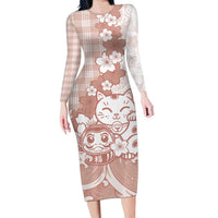 Beige Palaka Hawaiian And Japanese Family Matching Long Sleeve Bodycon Dress and Hawaiian Shirt Maneki Neko And Sakura Bloom DT05 Mom's Dress Beige - Polynesian Pride