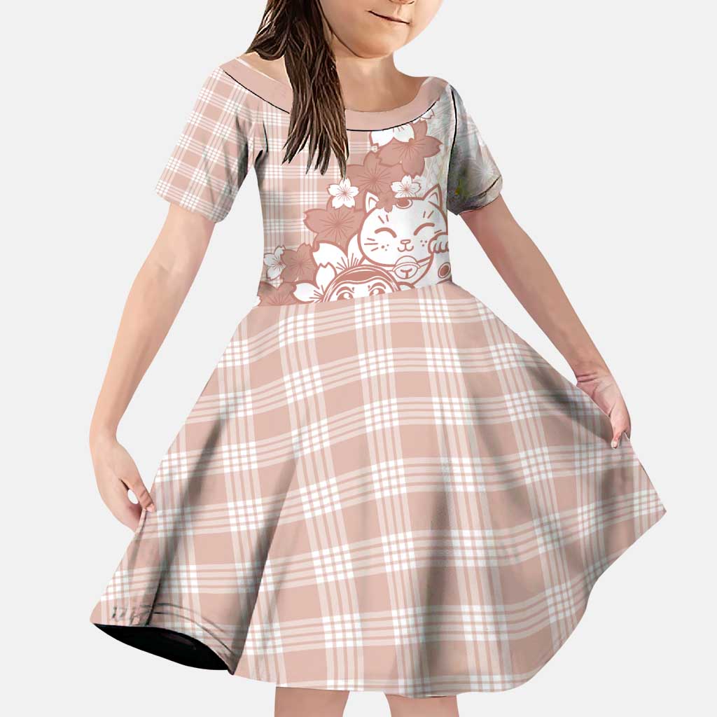 Beige Palaka Hawaiian And Japanese Family Matching Mermaid Dress and Hawaiian Shirt Maneki Neko And Sakura Bloom DT05 Daughter's Dress Beige - Polynesian Pride