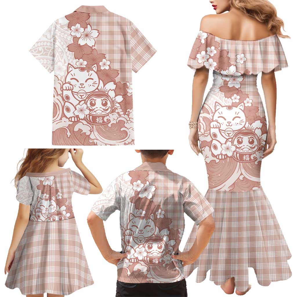 Beige Palaka Hawaiian And Japanese Family Matching Mermaid Dress and Hawaiian Shirt Maneki Neko And Sakura Bloom DT05 - Polynesian Pride