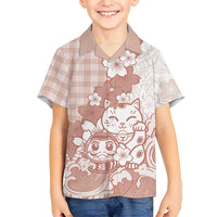 Beige Palaka Hawaiian And Japanese Family Matching Mermaid Dress and Hawaiian Shirt Maneki Neko And Sakura Bloom DT05 Son's Shirt Beige - Polynesian Pride