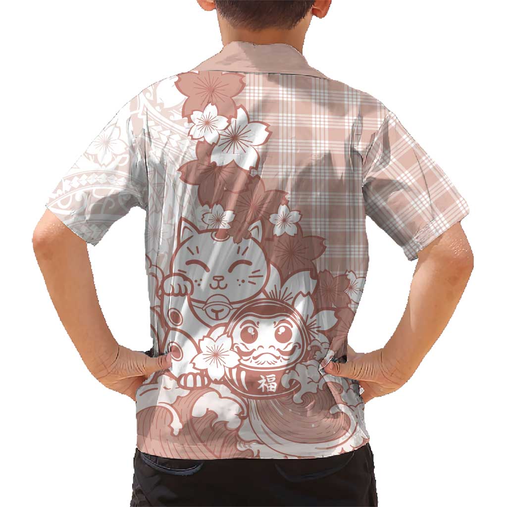 Beige Palaka Hawaiian And Japanese Family Matching Off Shoulder Maxi Dress and Hawaiian Shirt Maneki Neko And Sakura Bloom DT05 - Polynesian Pride
