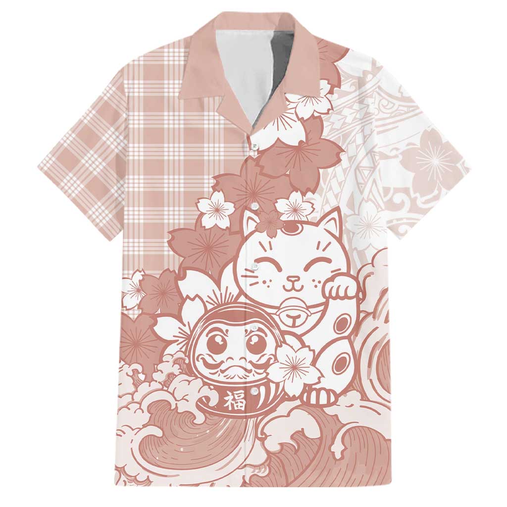 Beige Palaka Hawaiian And Japanese Family Matching Off Shoulder Maxi Dress and Hawaiian Shirt Maneki Neko And Sakura Bloom DT05 Dad's Shirt - Short Sleeve Beige - Polynesian Pride