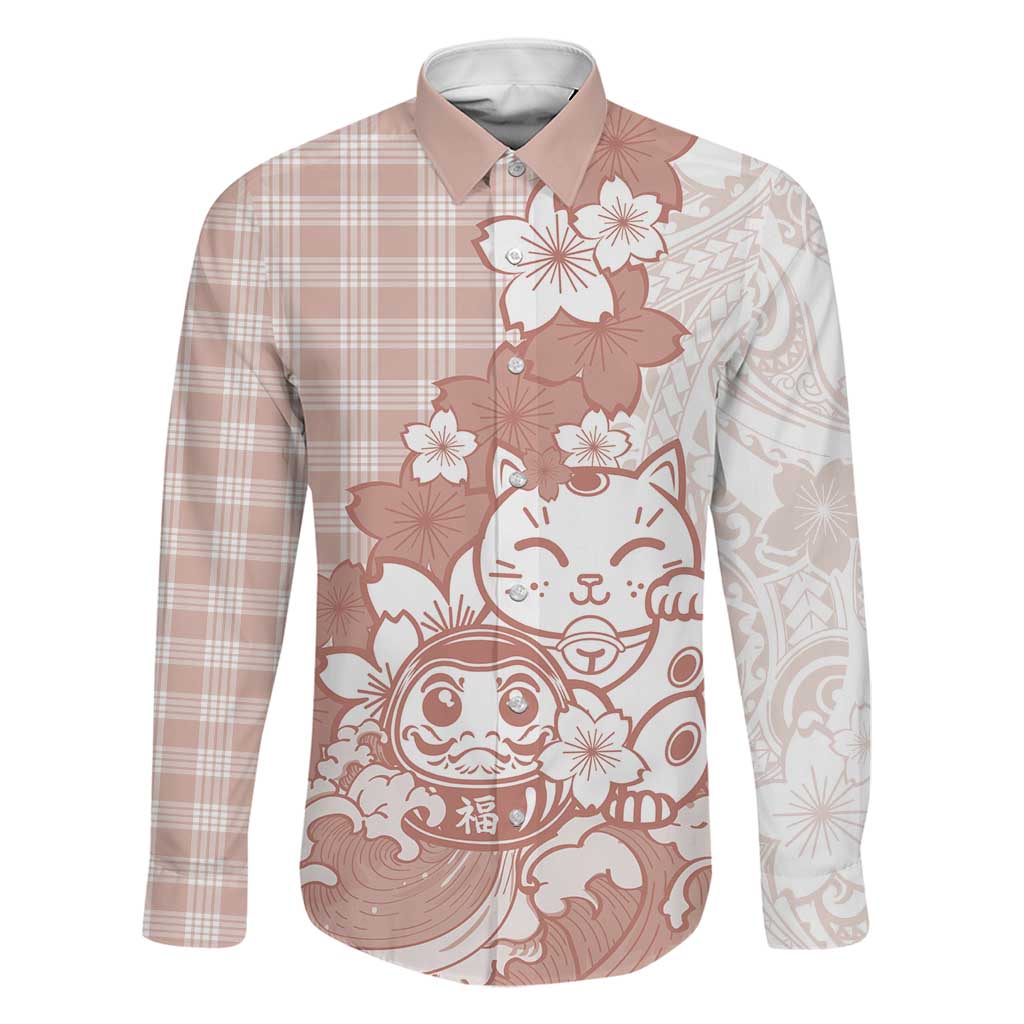 Beige Palaka Hawaiian And Japanese Family Matching Off Shoulder Maxi Dress and Hawaiian Shirt Maneki Neko And Sakura Bloom DT05 Dad's Shirt - Long Sleeve Beige - Polynesian Pride
