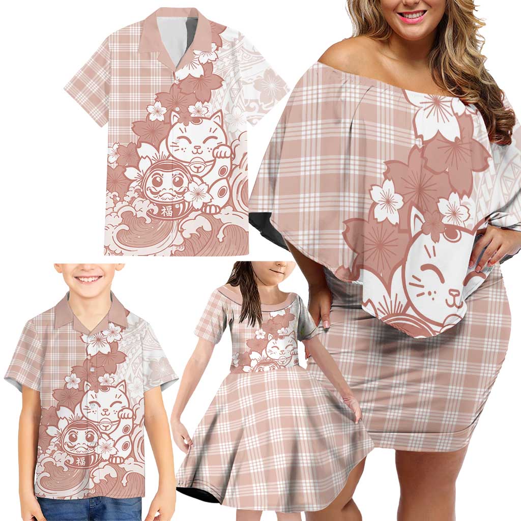 Beige Palaka Hawaiian And Japanese Family Matching Off Shoulder Short Dress and Hawaiian Shirt Maneki Neko And Sakura Bloom