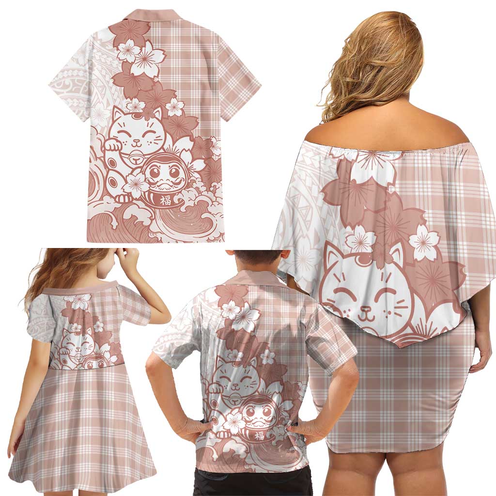 Beige Palaka Hawaiian And Japanese Family Matching Off Shoulder Short Dress and Hawaiian Shirt Maneki Neko And Sakura Bloom DT05 - Polynesian Pride