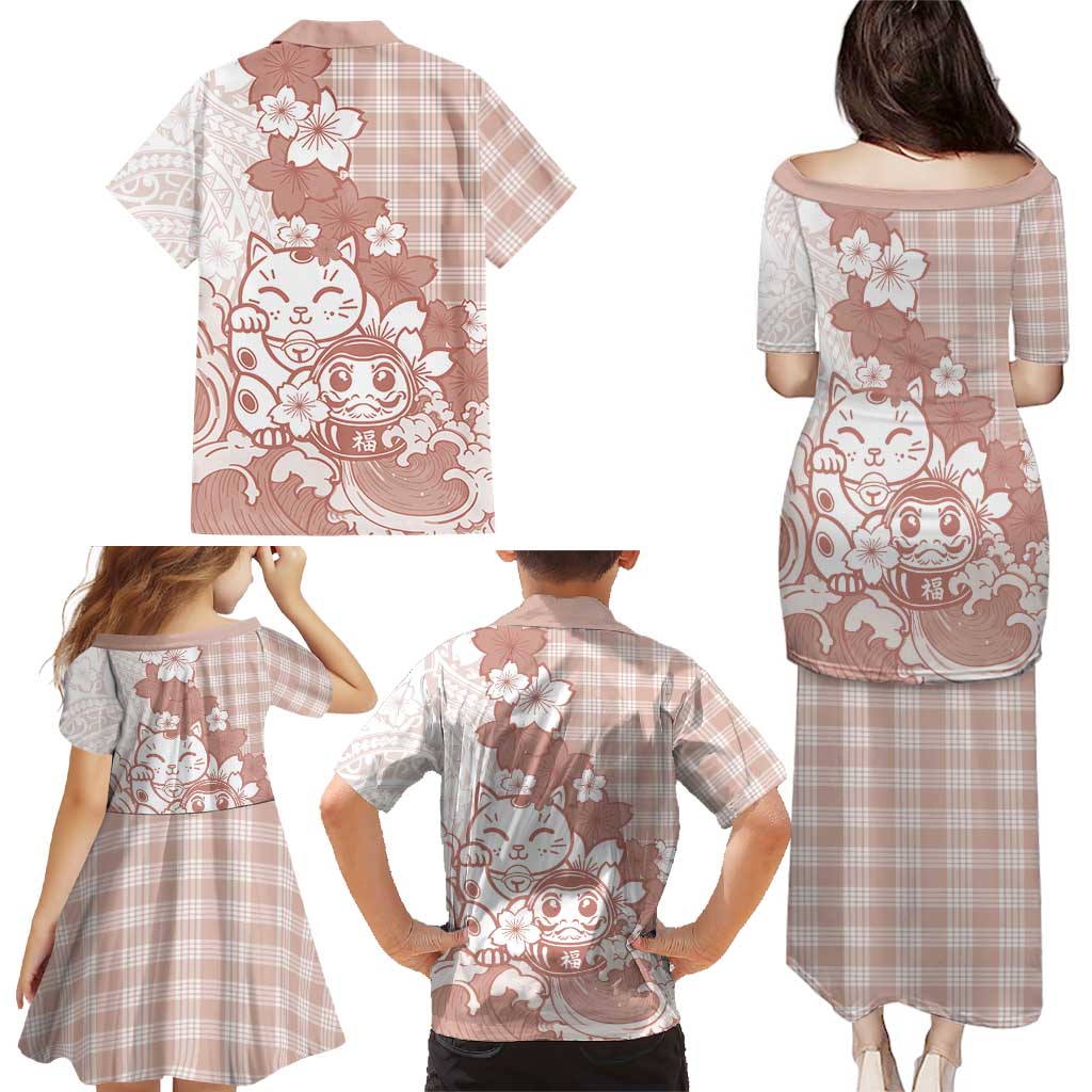 Beige Palaka Hawaiian And Japanese Family Matching Puletasi and Hawaiian Shirt Maneki Neko And Sakura Bloom DT05 - Polynesian Pride