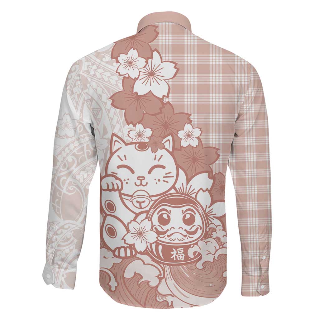 Beige Palaka Hawaiian And Japanese Family Matching Puletasi and Hawaiian Shirt Maneki Neko And Sakura Bloom DT05 - Polynesian Pride