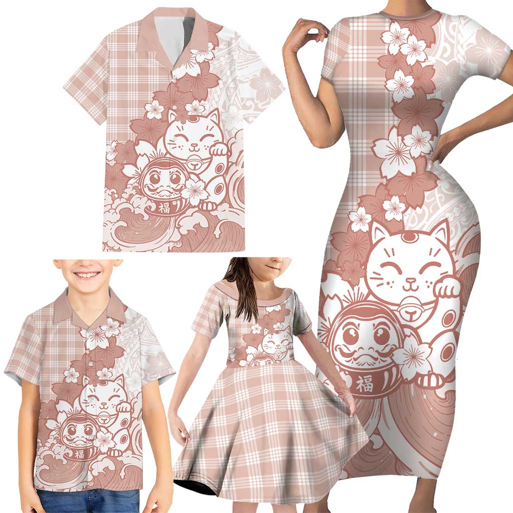 Beige Palaka Hawaiian And Japanese Family Matching Short Sleeve Bodycon Dress and Hawaiian Shirt Maneki Neko And Sakura Bloom DT05 - Polynesian Pride