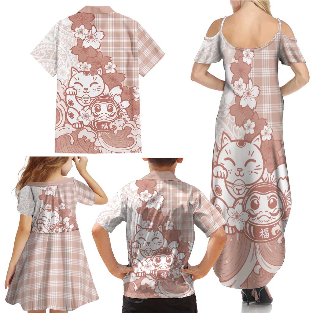 Beige Palaka Hawaiian And Japanese Family Matching Summer Maxi Dress and Hawaiian Shirt Maneki Neko And Sakura Bloom DT05 - Polynesian Pride