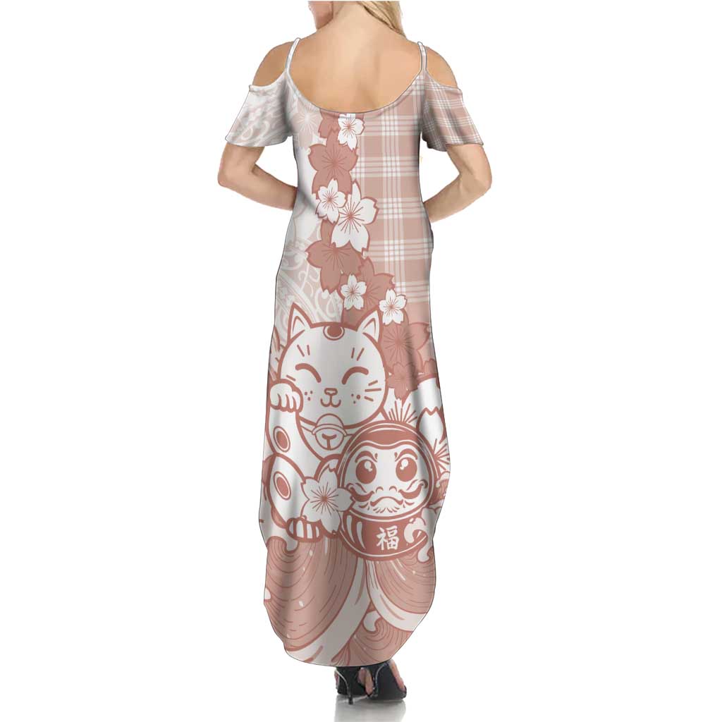 Beige Palaka Hawaiian And Japanese Family Matching Summer Maxi Dress and Hawaiian Shirt Maneki Neko And Sakura Bloom DT05 - Polynesian Pride
