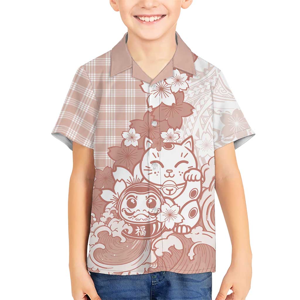 Beige Palaka Hawaiian And Japanese Family Matching Summer Maxi Dress and Hawaiian Shirt Maneki Neko And Sakura Bloom DT05 Son's Shirt Beige - Polynesian Pride