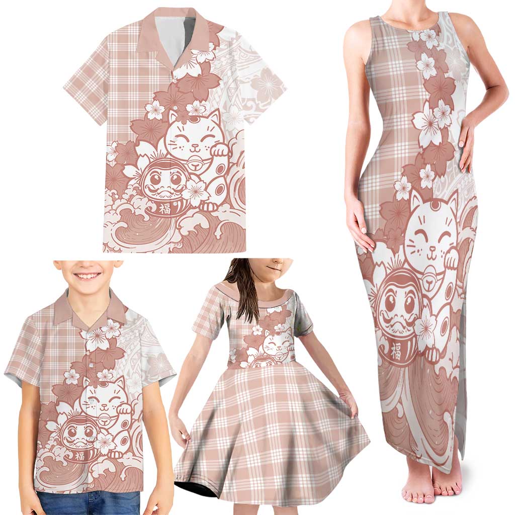 Beige Palaka Hawaiian And Japanese Family Matching Tank Maxi Dress and Hawaiian Shirt Maneki Neko And Sakura Bloom DT05 - Polynesian Pride