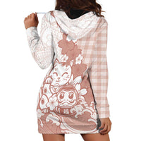 Beige Palaka Hawaiian And Japanese Hoodie Dress Maneki Neko And Sakura Bloom