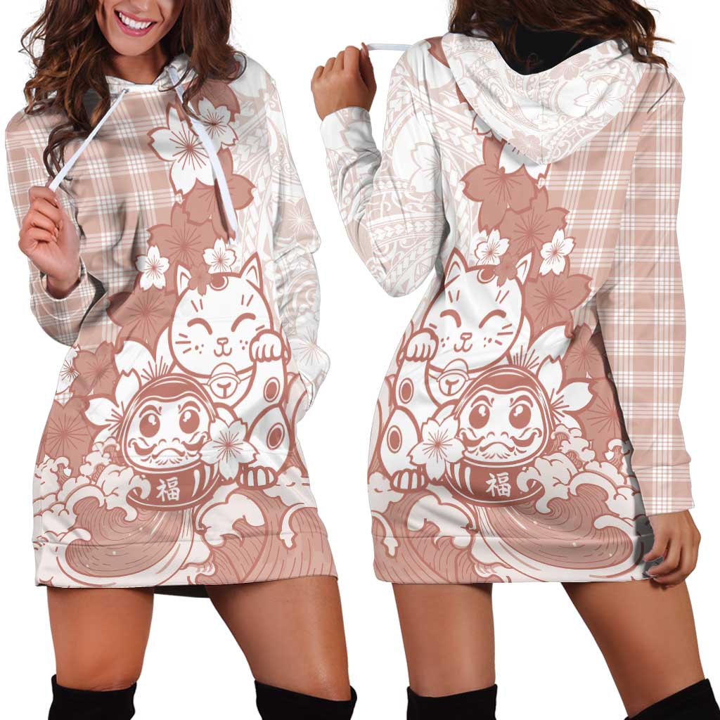 Beige Palaka Hawaiian And Japanese Hoodie Dress Maneki Neko And Sakura Bloom