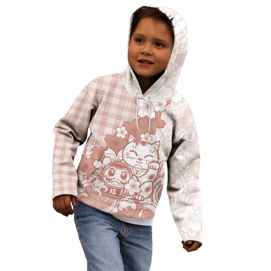 Beige Palaka Hawaiian And Japanese Kid Hoodie Maneki Neko And Sakura Bloom