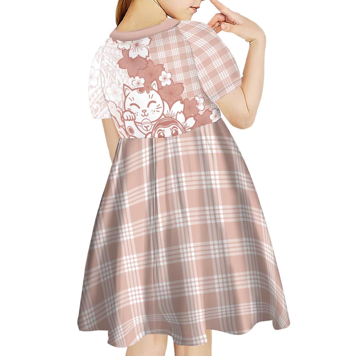 Beige Palaka Hawaiian And Japanese Kid Short Sleeve Dress Maneki Neko And Sakura Bloom