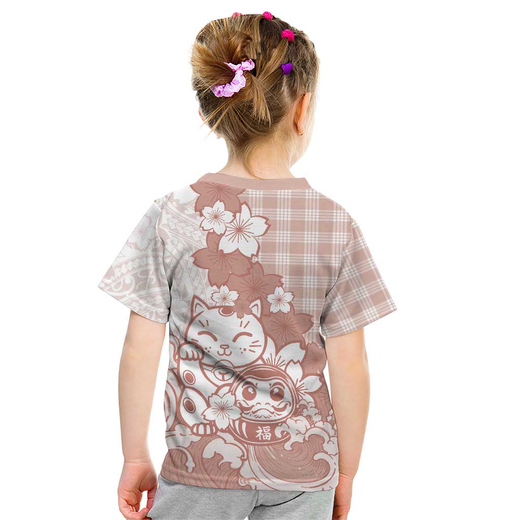 Beige Palaka Hawaiian And Japanese Kid T Shirt Maneki Neko And Sakura Bloom