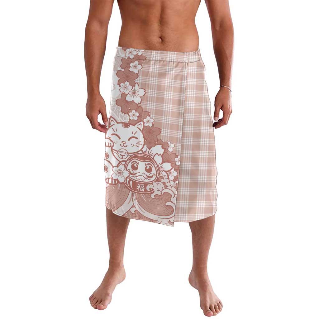 Beige Palaka Hawaiian And Japanese Lavalava Maneki Neko And Sakura Bloom
