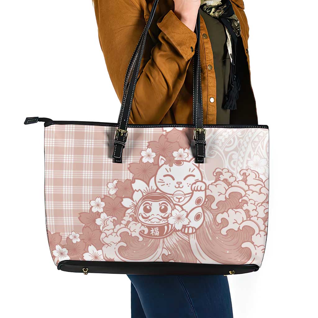 Beige Palaka Hawaiian And Japanese Leather Tote Bag Maneki Neko And Sakura Bloom