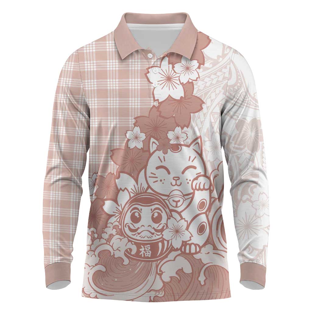 Beige Palaka Hawaiian And Japanese Long Sleeve Polo Shirt Maneki Neko And Sakura Bloom