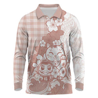 Beige Palaka Hawaiian And Japanese Long Sleeve Polo Shirt Maneki Neko And Sakura Bloom