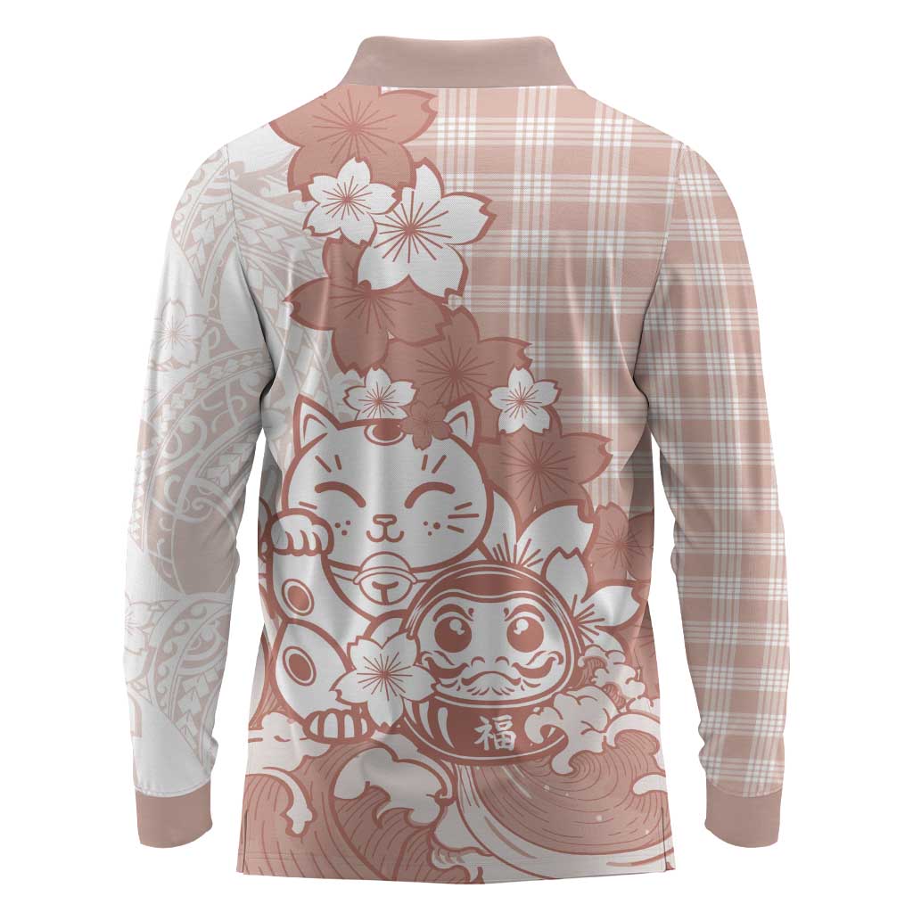 Beige Palaka Hawaiian And Japanese Long Sleeve Polo Shirt Maneki Neko And Sakura Bloom