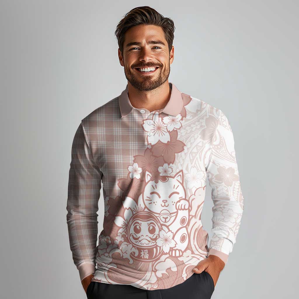 Beige Palaka Hawaiian And Japanese Long Sleeve Polo Shirt Maneki Neko And Sakura Bloom