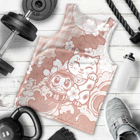 Beige Palaka Hawaiian And Japanese Men Tank Top Maneki Neko And Sakura Bloom