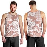 Beige Palaka Hawaiian And Japanese Men Tank Top Maneki Neko And Sakura Bloom