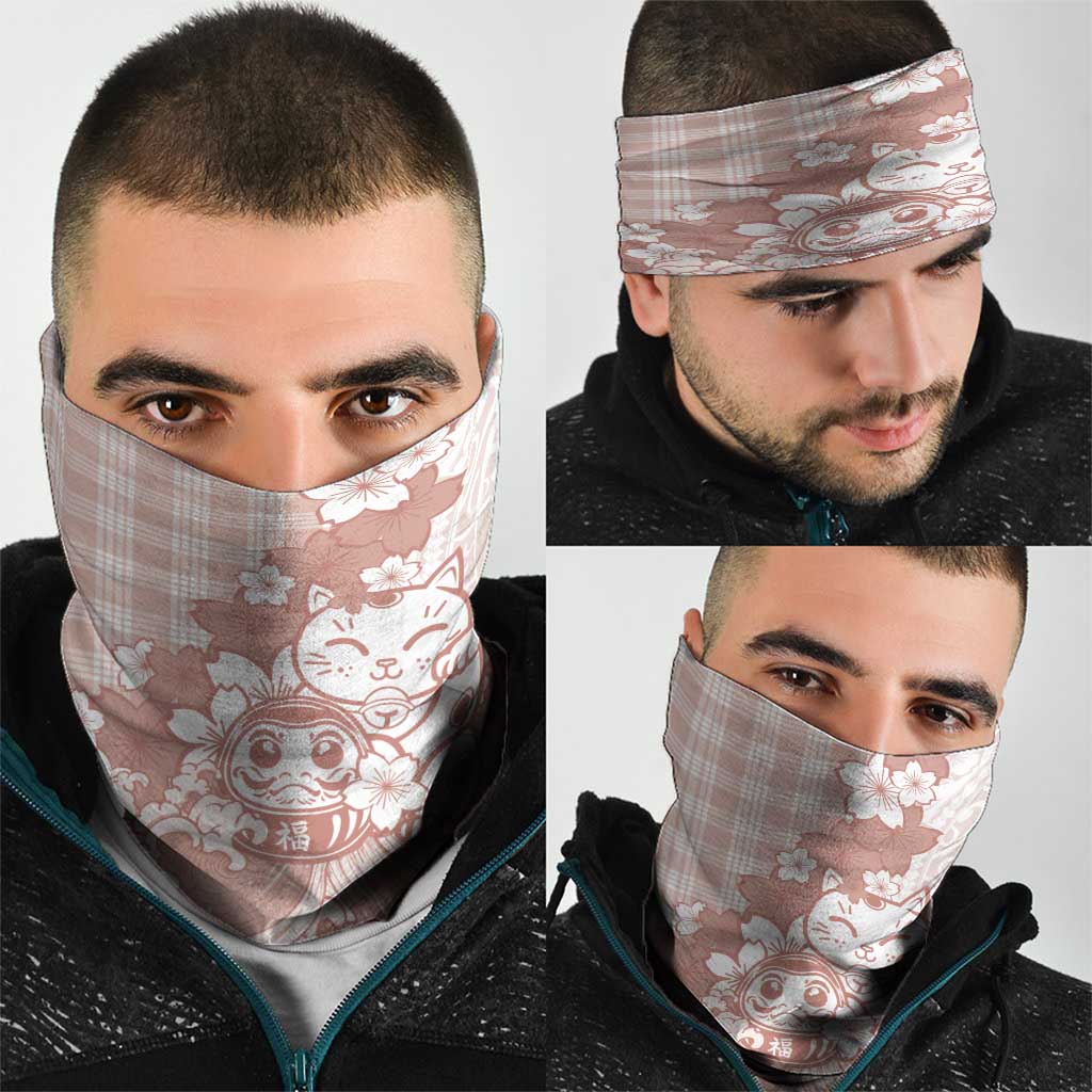 Beige Palaka Hawaiian And Japanese Neck Gaiter Maneki Neko And Sakura Bloom