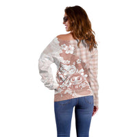 Beige Palaka Hawaiian And Japanese Off Shoulder Sweater Maneki Neko And Sakura Bloom